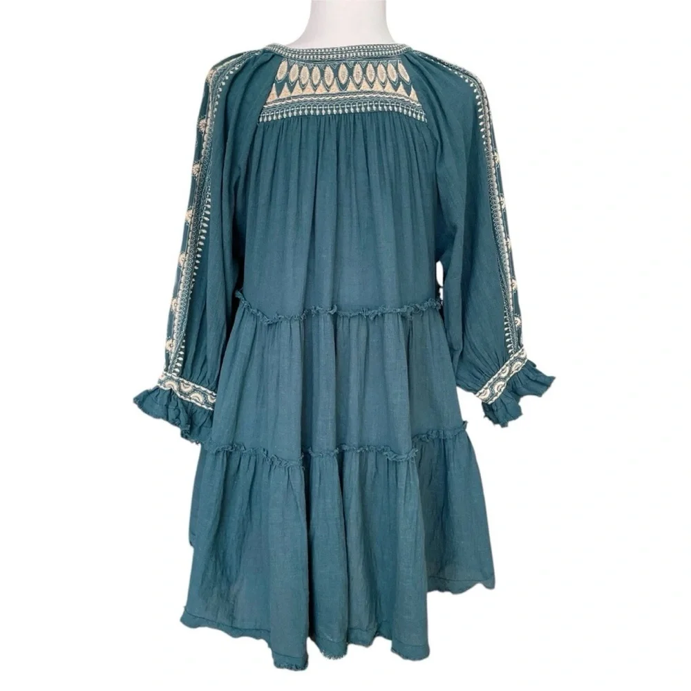 Free People Embroidered Boho Peasant Tunic Top Teal Blue Women’s Medium - Picture 9 of 16